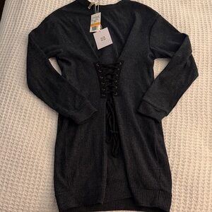 Wayf Black Ribbed V-Neck Lace-Up Sweater Dress